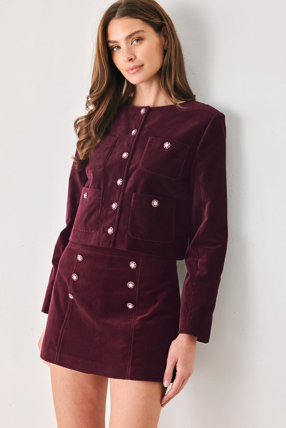 Burgundy velvet button-detail skort - view 3