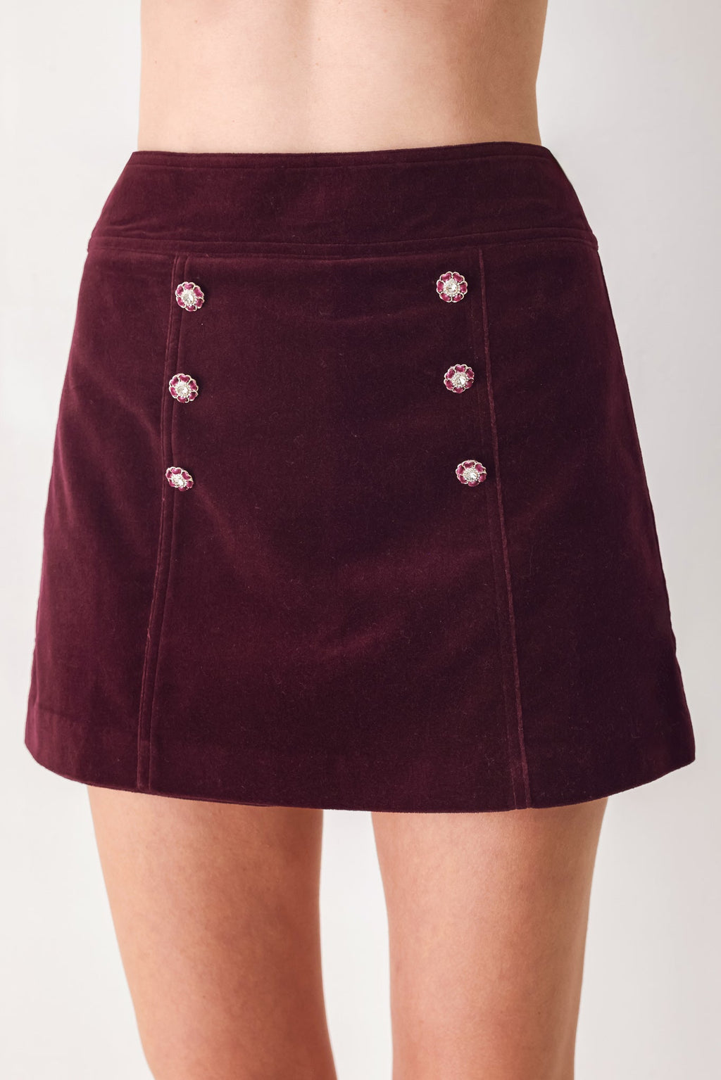 Burgundy velvet button-detail skort - view 1
