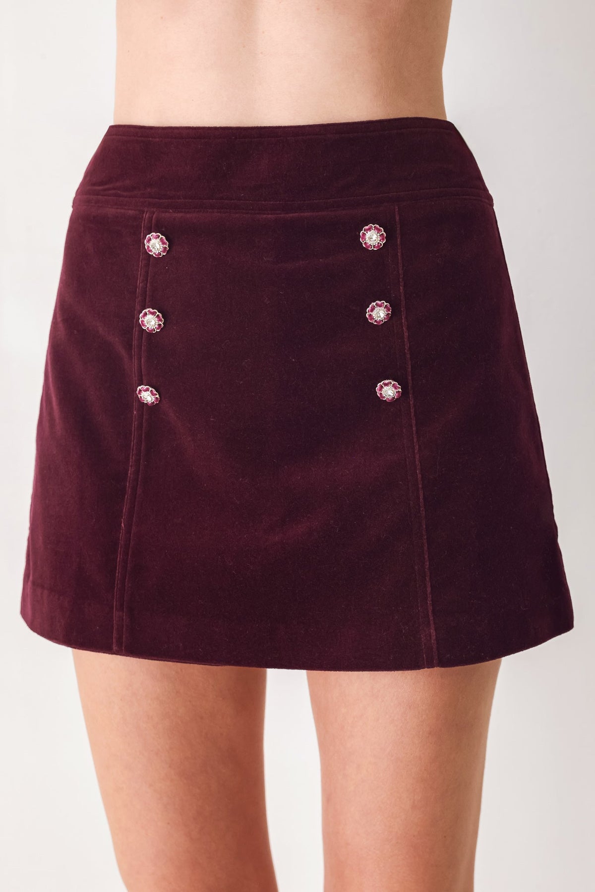 Burgundy velvet button-detail skort - view 1