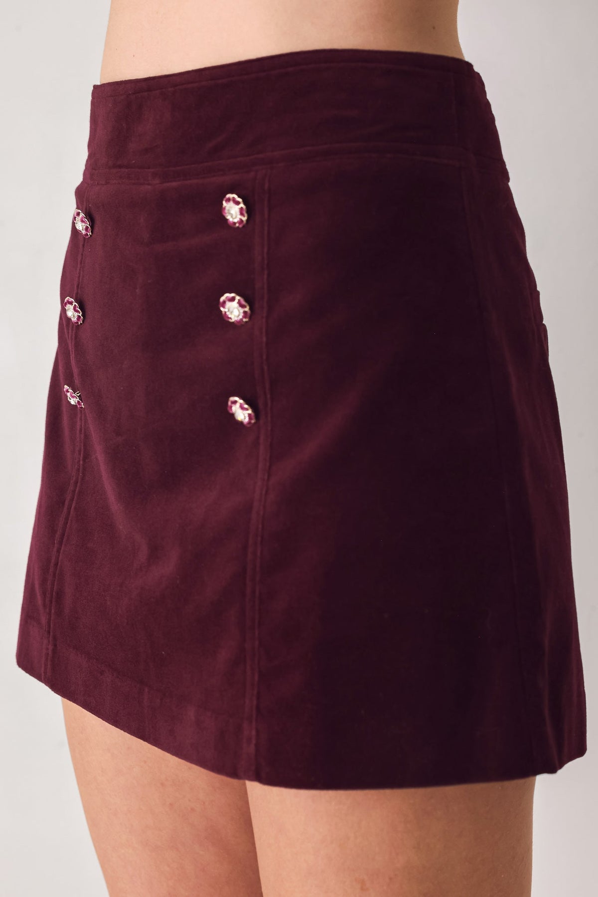 Burgundy velvet button-detail skort - view 5