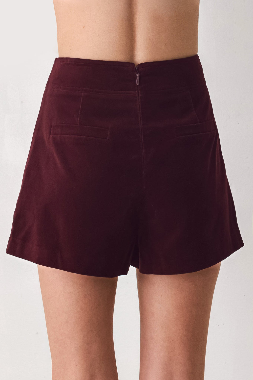 Burgundy velvet button-detail skort - view 2