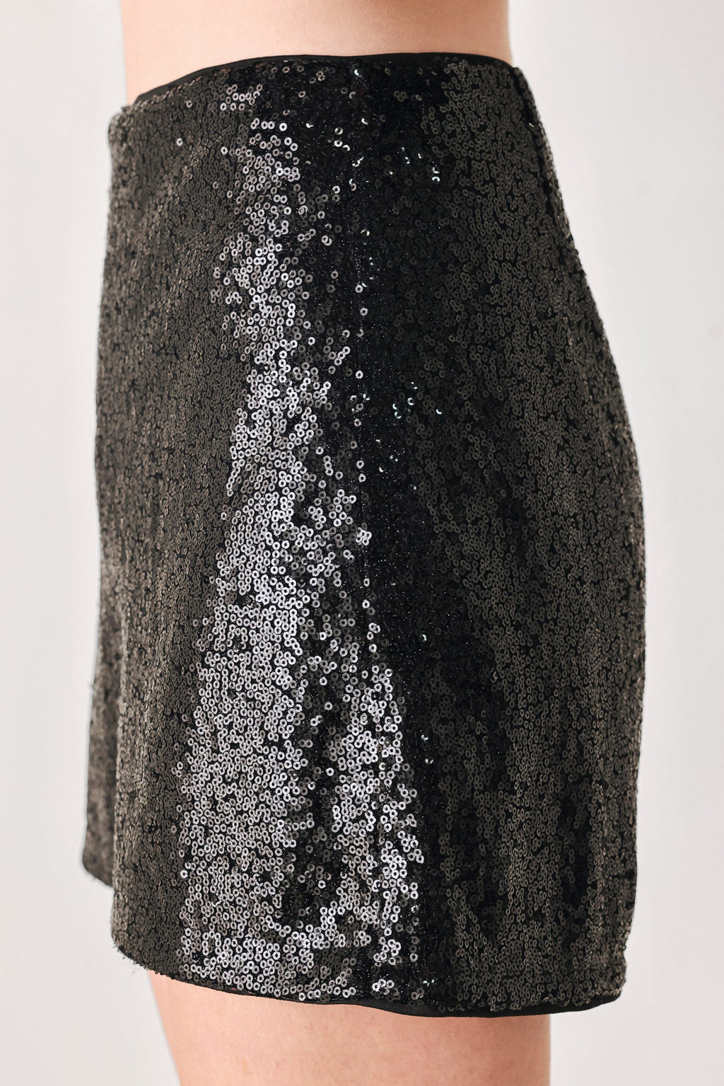 Black Sequin High Waist Skort in black, side view