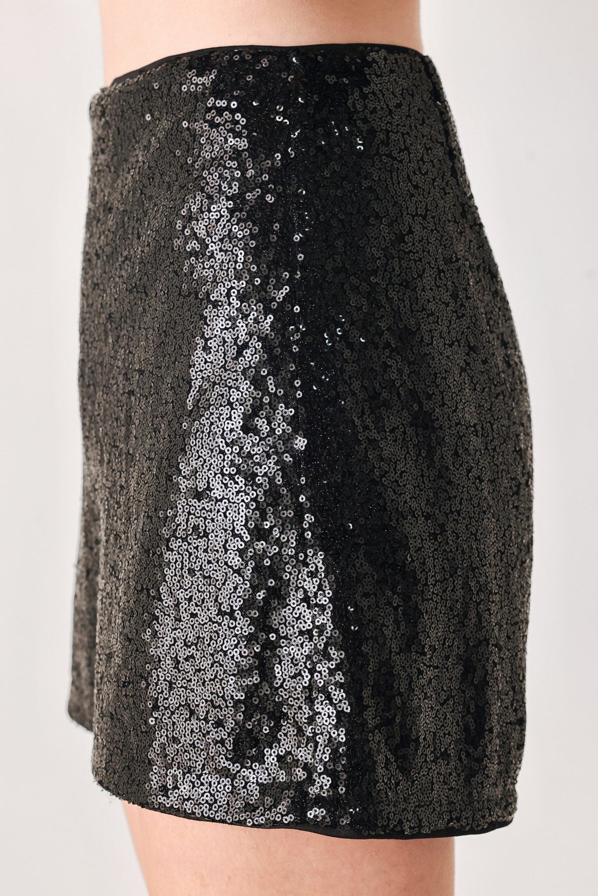 Black Sequin High Waist Skort in black, side view