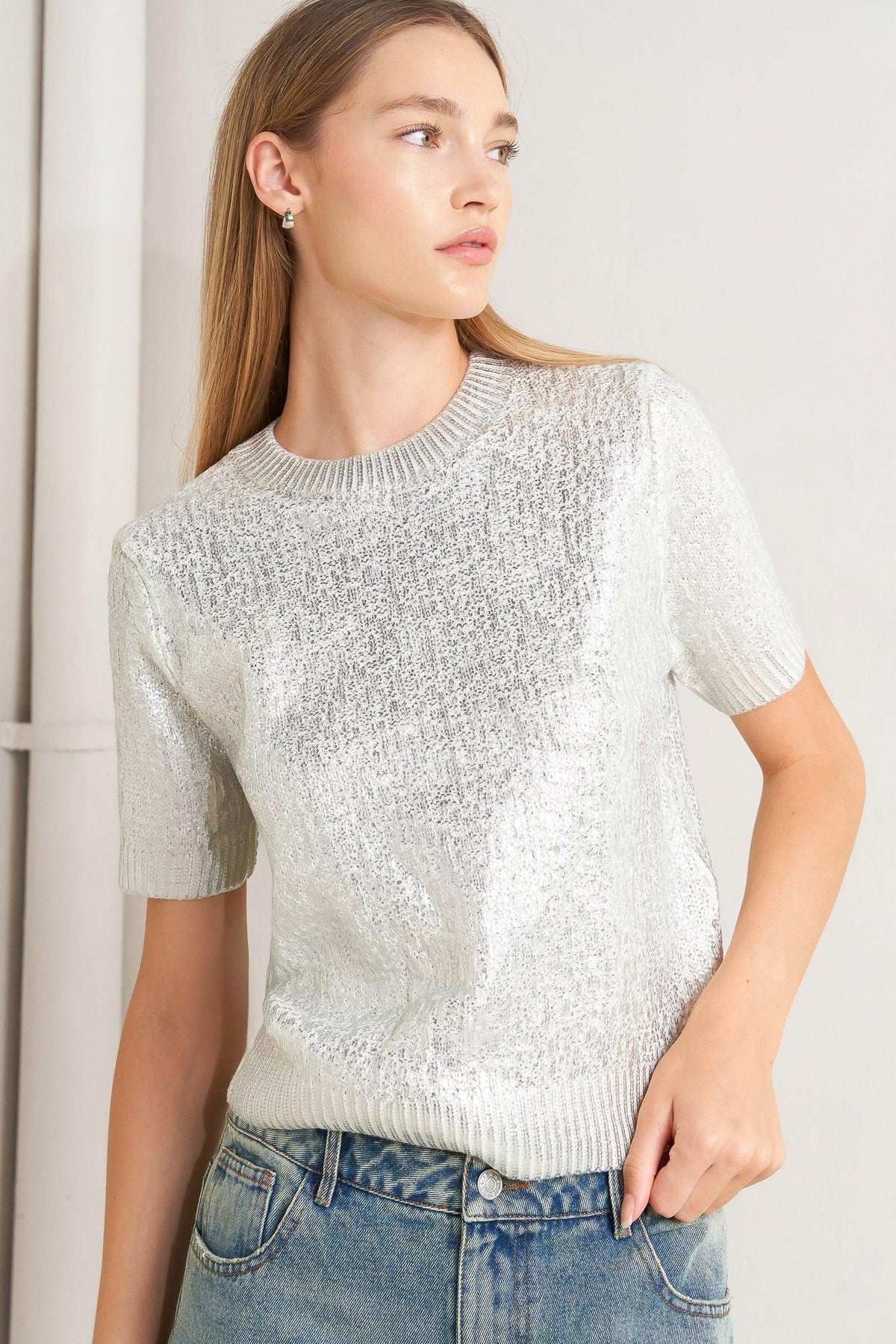 Silver Foil Short Sleeve Sweater Top in silver, styled view
