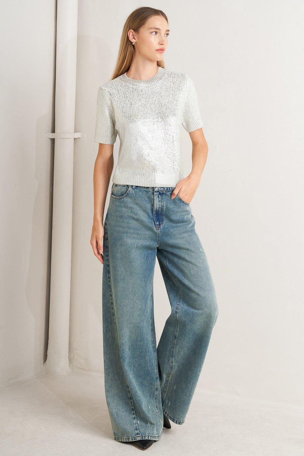 Silver Foil Short Sleeve Sweater Top in silver, back view