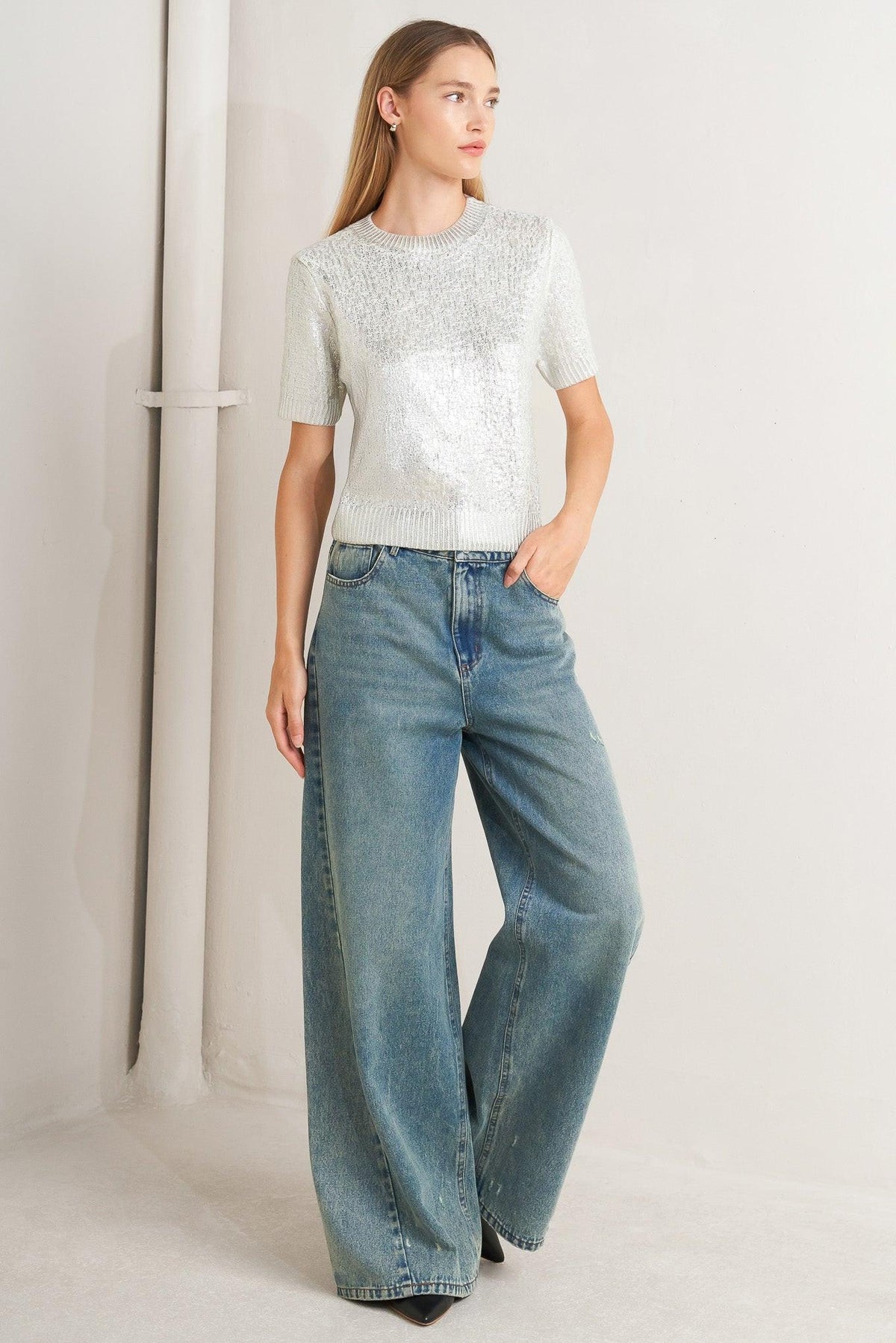 Silver Foil Short Sleeve Sweater Top in silver, back view