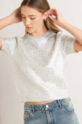 Silver Foil Short Sleeve Sweater Top in silver, front view