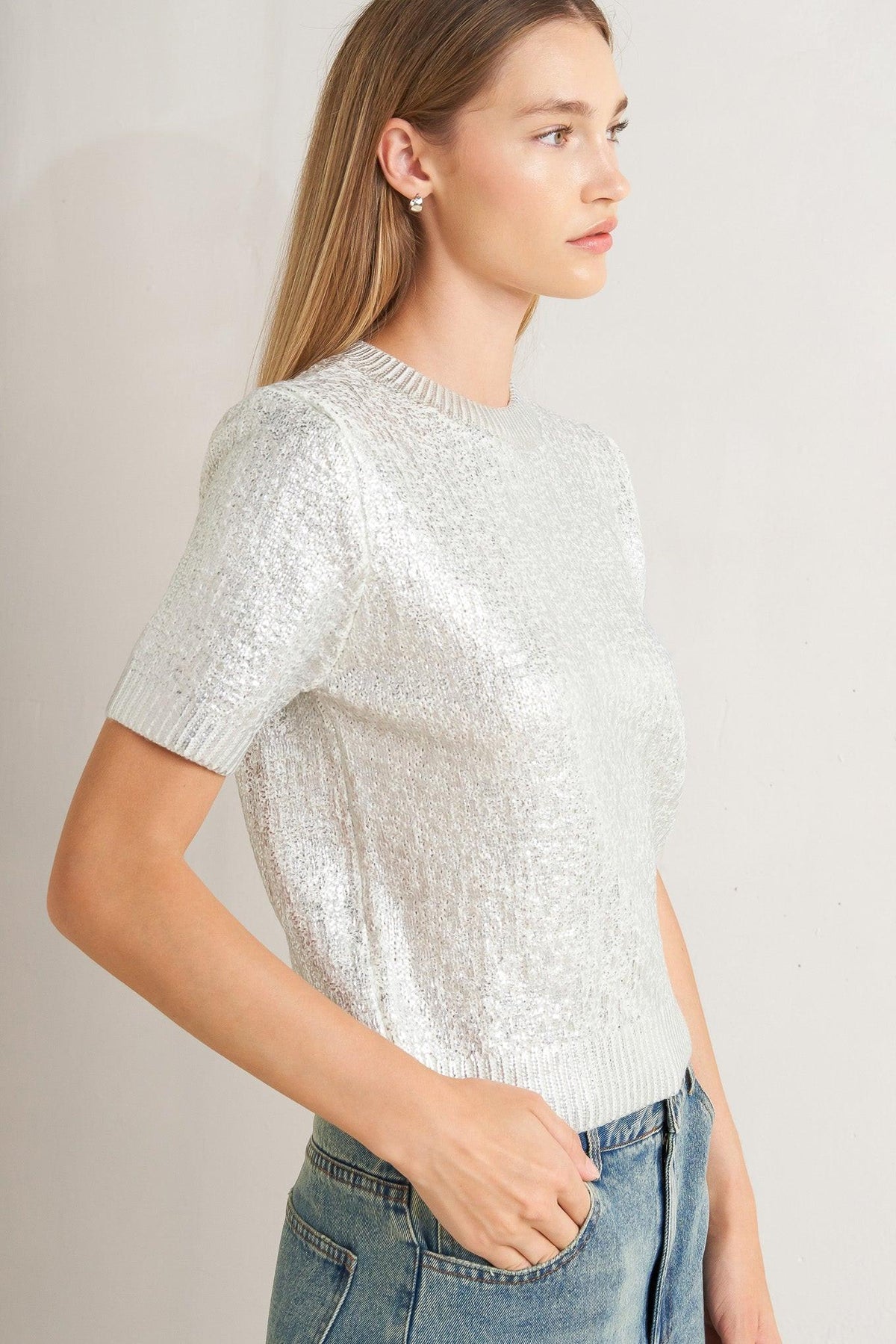 Silver Foil Short Sleeve Sweater Top in silver, side view