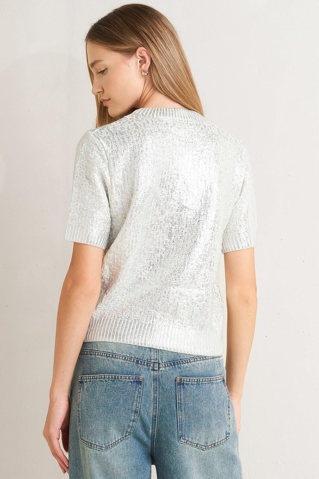 Silver Foil Short Sleeve Sweater Top in silver, close-up detail