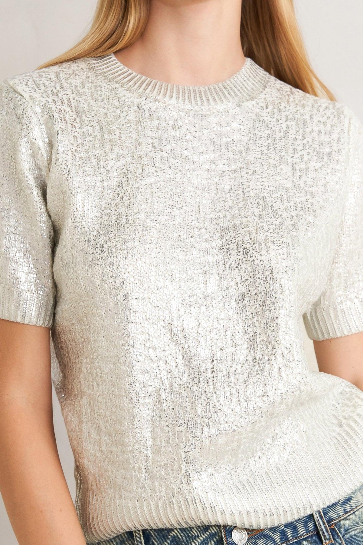 Silver Foil Short Sleeve Sweater Top in silver, detail view