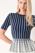Easy Summer Stripe Sweater Knit Top in Navy White with round neckline, short sleeves, and peplum hem shown on model