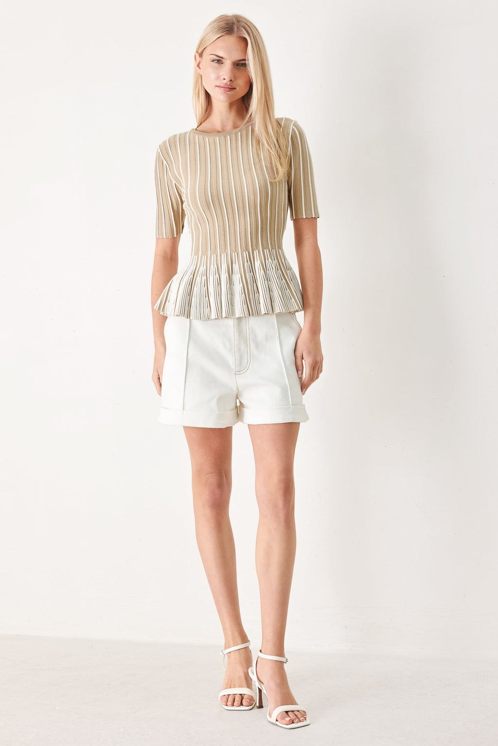 Easy Summer Stripe Sweater Knit Top in Taupe White with round neckline, short sleeves, and peplum hem shown on model