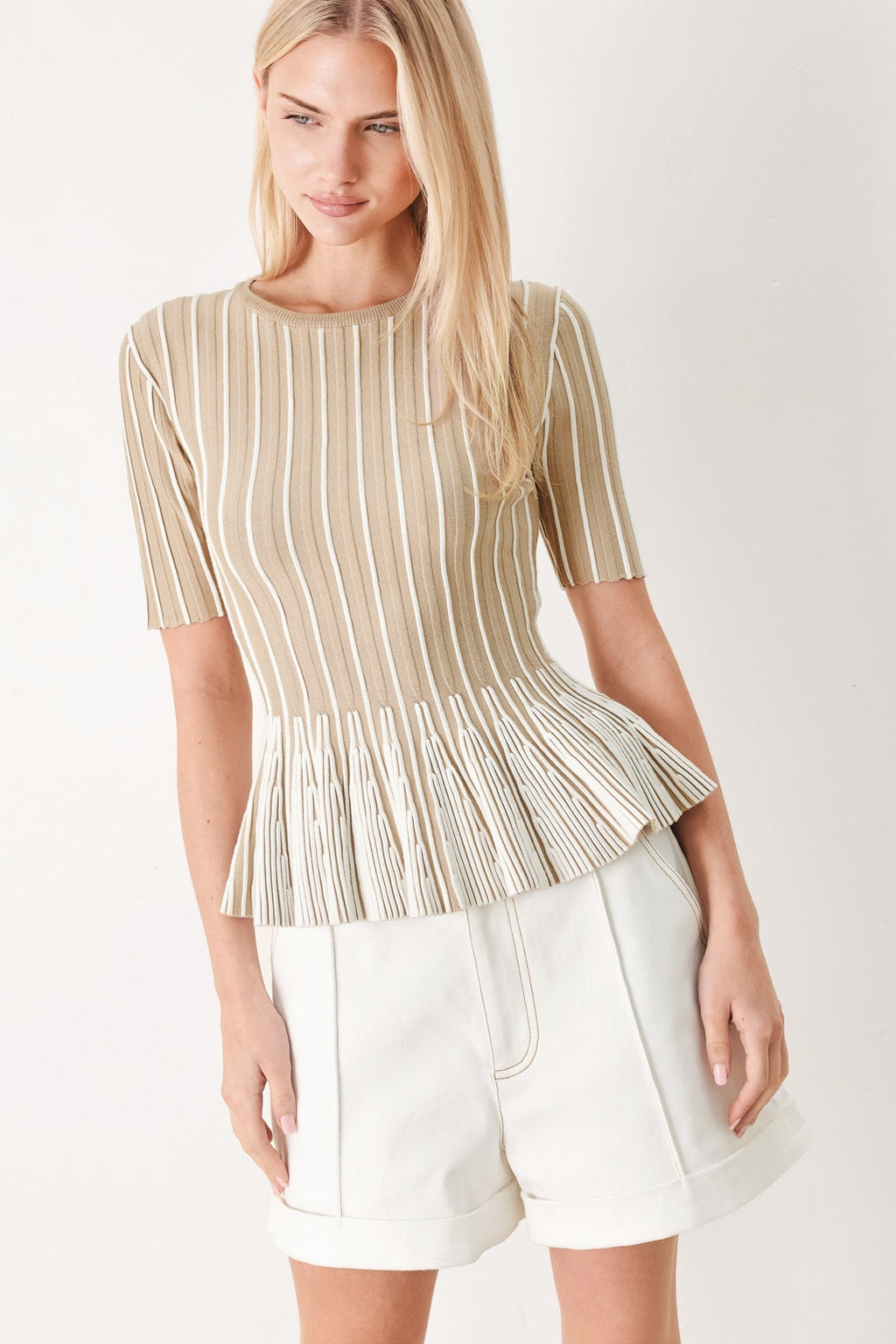 Easy Summer Stripe Sweater Knit Top in Taupe White with round neckline, short sleeves, and peplum hem shown on model