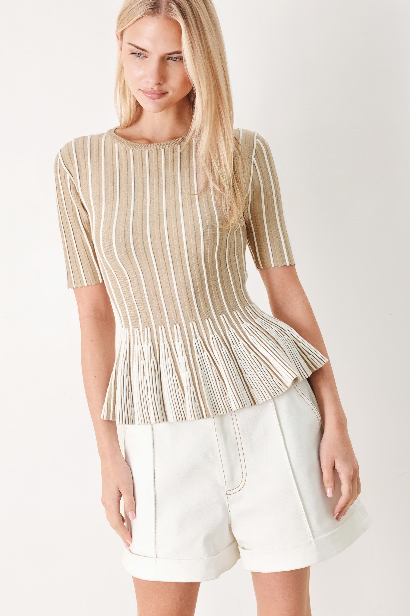 Easy Summer Stripe Sweater Knit Top in Taupe White with round neckline, short sleeves, and peplum hem shown on model
