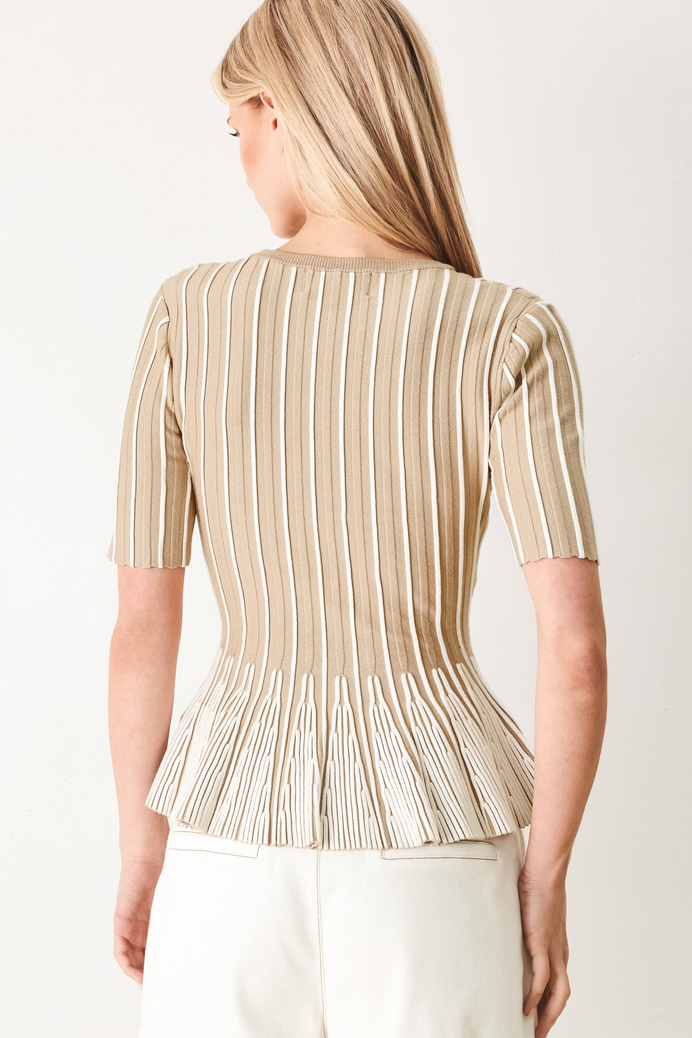 Easy Summer Stripe Sweater Knit Top in Taupe White with round neckline, short sleeves, and peplum hem shown on model