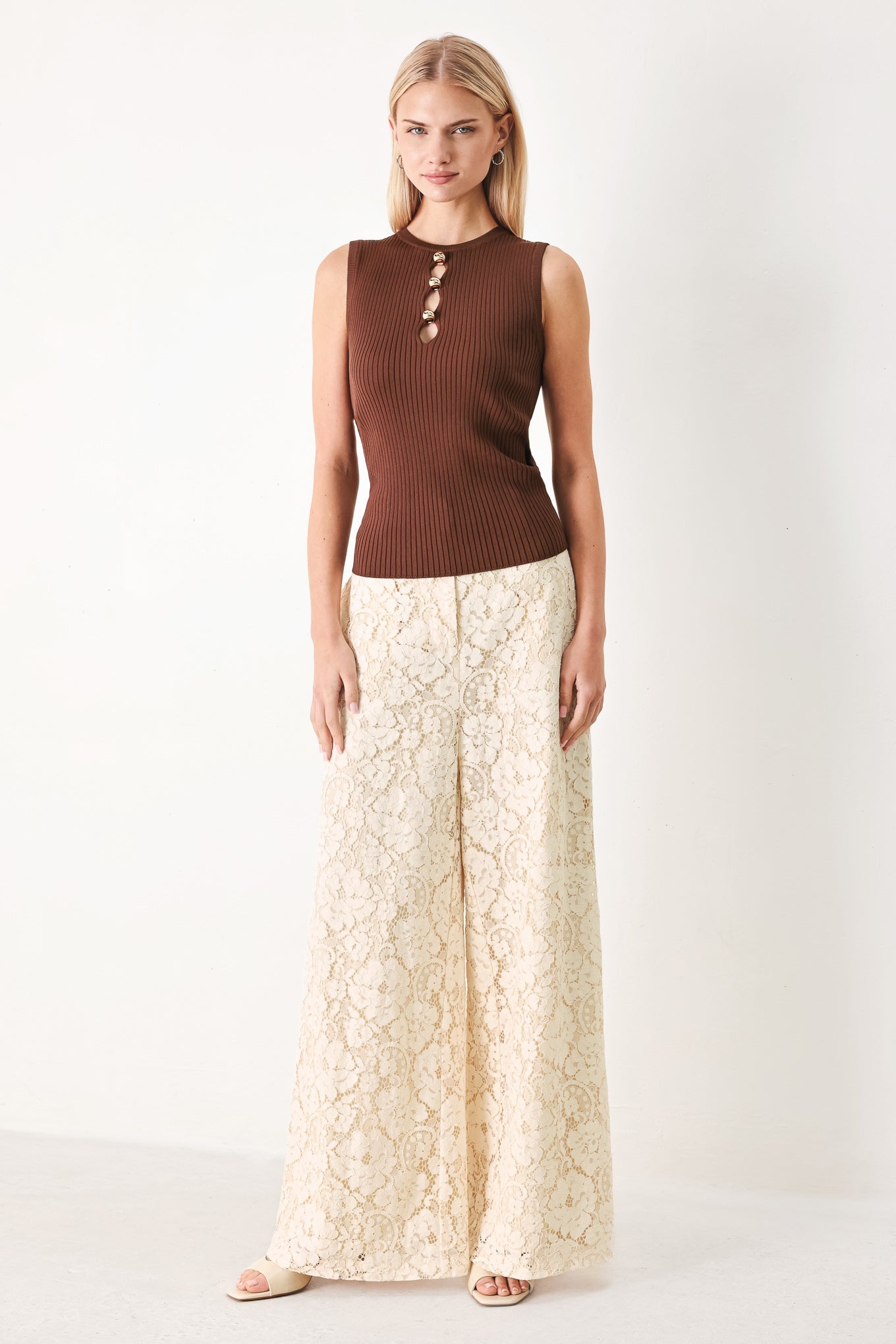 Brown sweater knit top front cutout detail