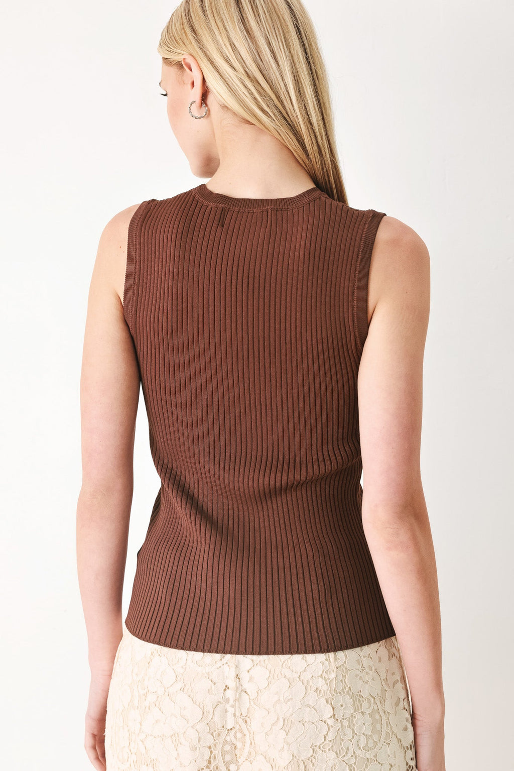 Brown sweater knit top fabric detail