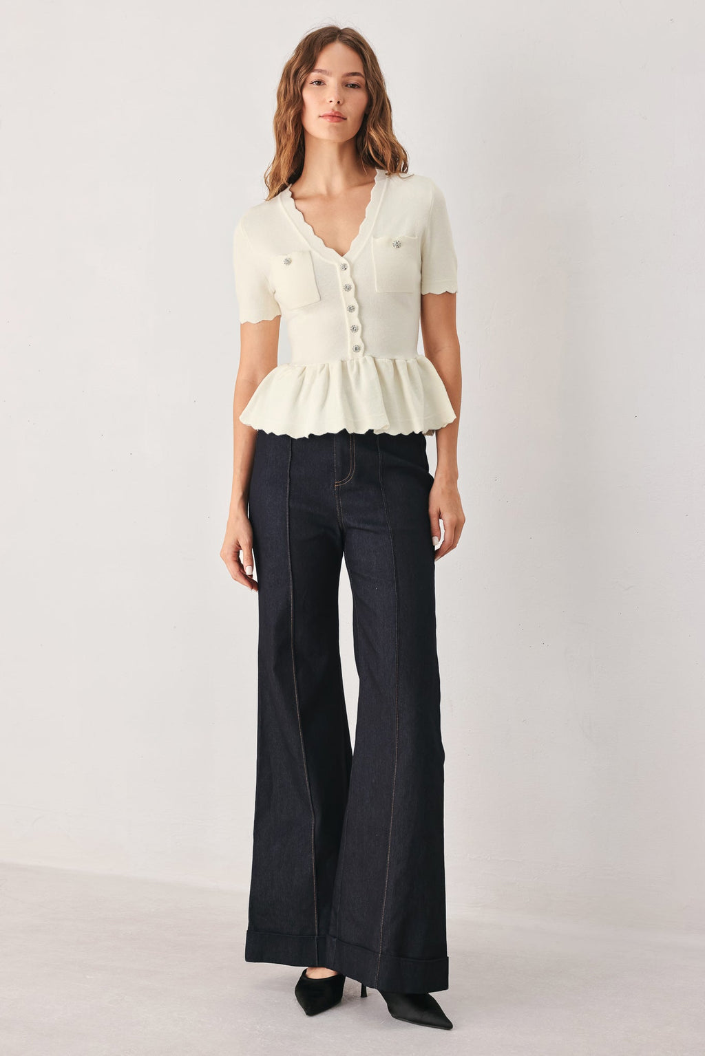 Scalloped V-Neck Peplum Sweater Top in off white, front view