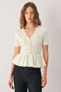 Scalloped V-Neck Peplum Sweater Top in off white, detail