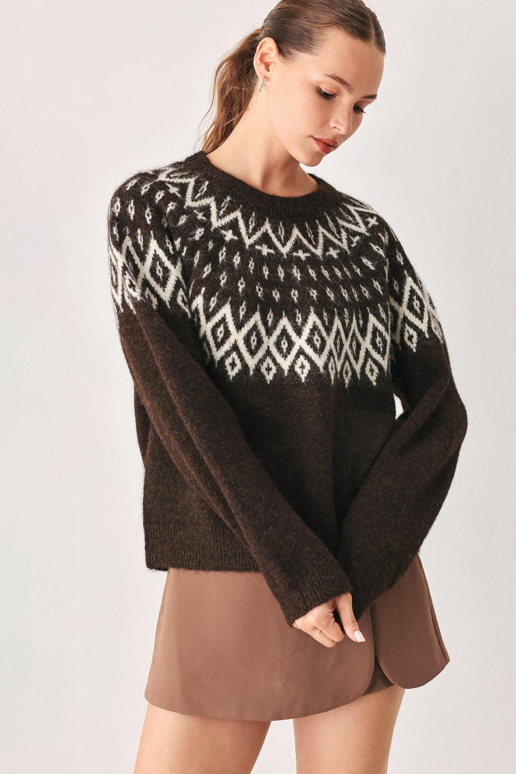 Serenade Sweater Knit Pullover in dark brown, detail