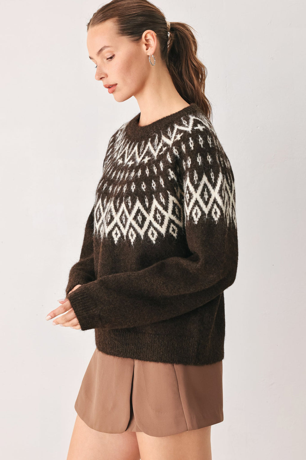 Serenade Sweater Knit Pullover in dark brown, back view