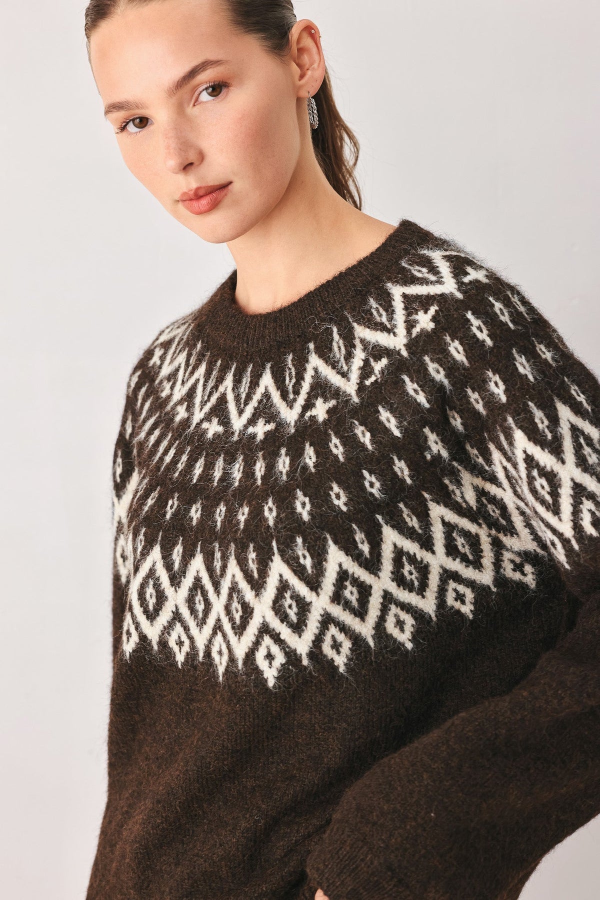 Serenade Sweater Knit Pullover in dark brown, detail
