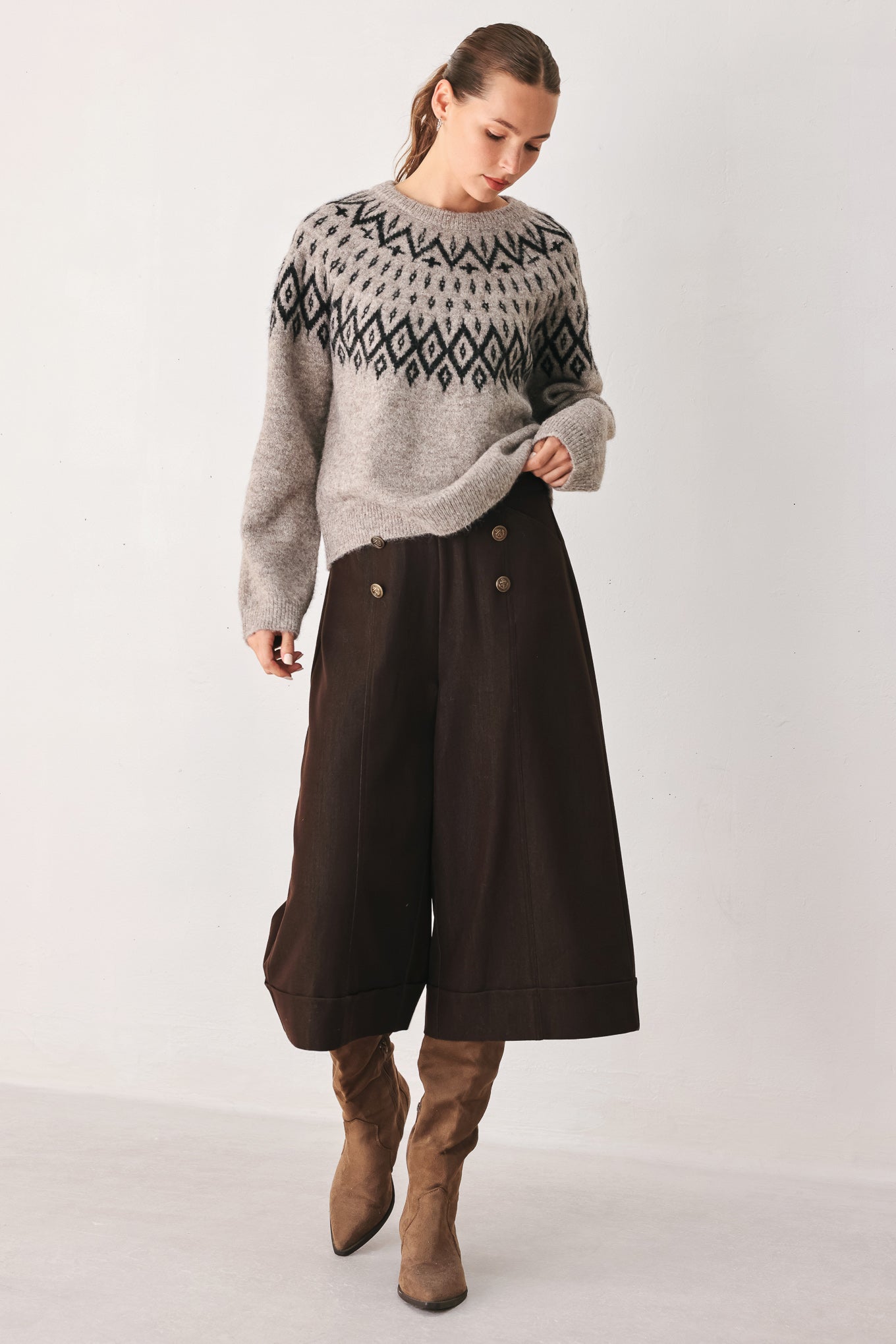 Serenade Sweater Knit Pullover in taupe, front view