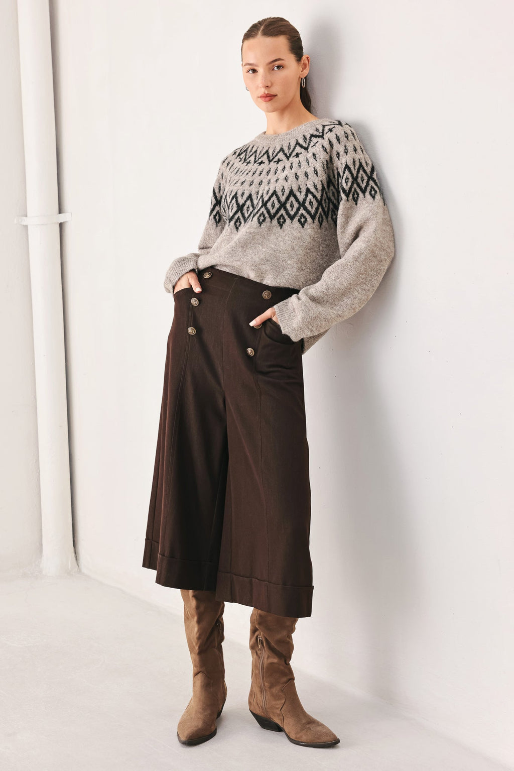 Serenade Sweater Knit Pullover in taupe, close-up