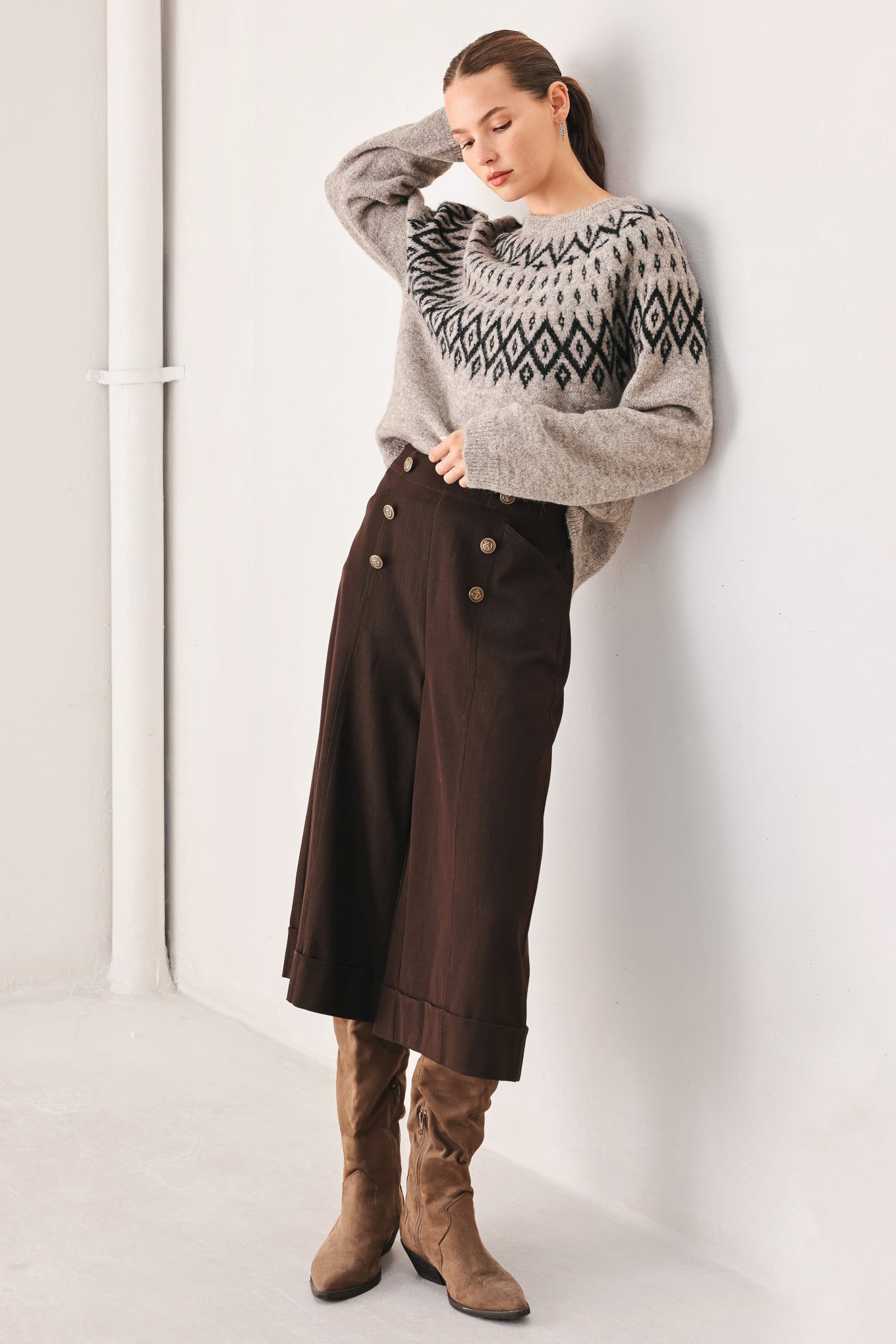 Serenade Sweater Knit Pullover in taupe, back view