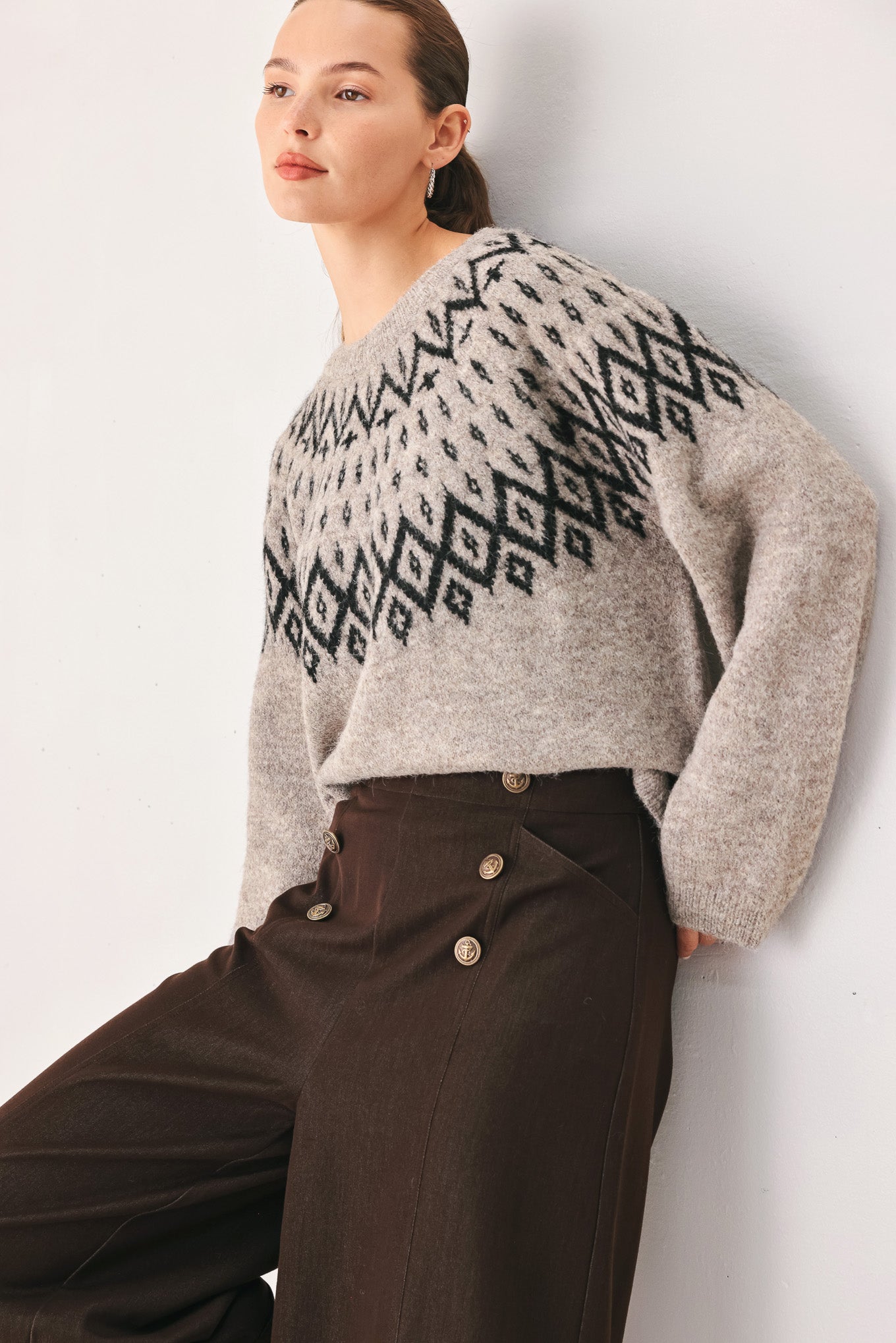 Serenade Sweater Knit Pullover in taupe, detail