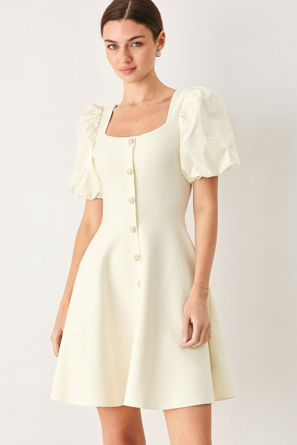 Puff Sleeve Sweater Knit Mini Dress in ivory, front view