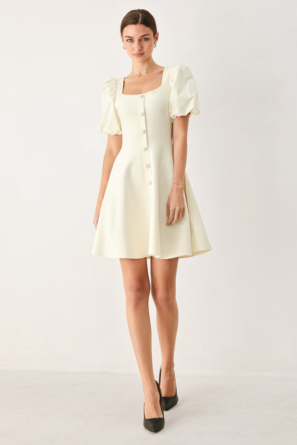Puff Sleeve Sweater Knit Mini Dress in ivory, side view