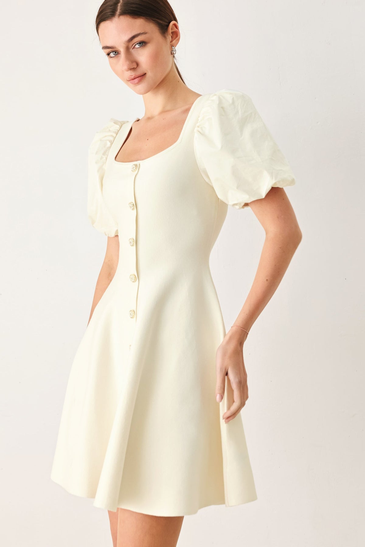 Puff Sleeve Sweater Knit Mini Dress in ivory, worn