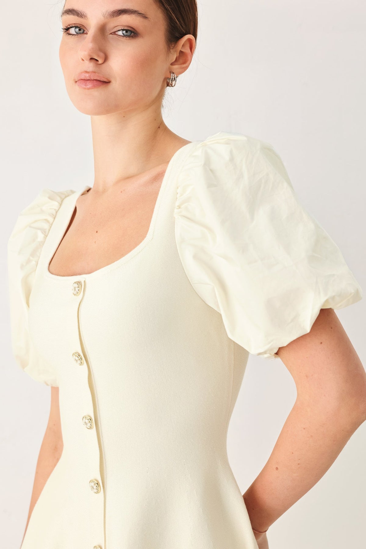 Puff Sleeve Sweater Knit Mini Dress in ivory, close-up