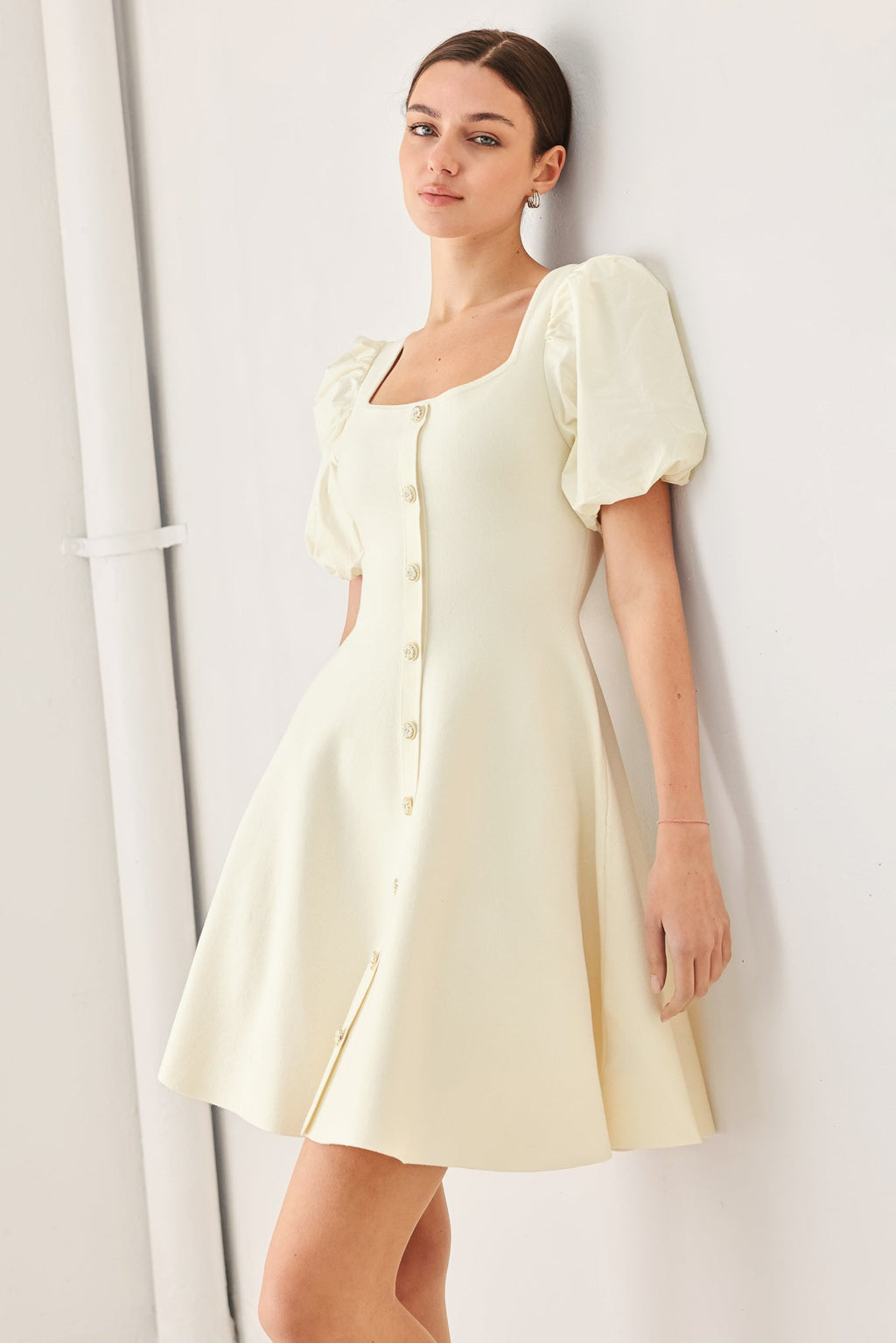 Puff Sleeve Sweater Knit Mini Dress in ivory, back view