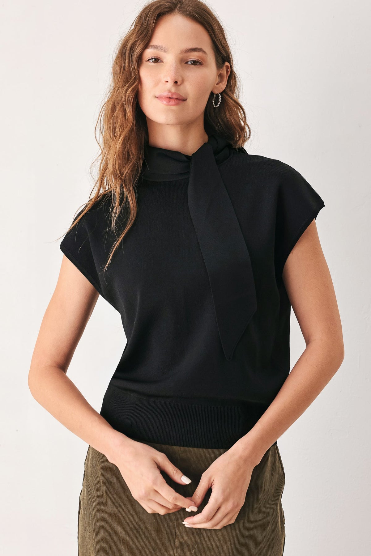 Amberglow Soft Knit Scarf Top in black - detail view