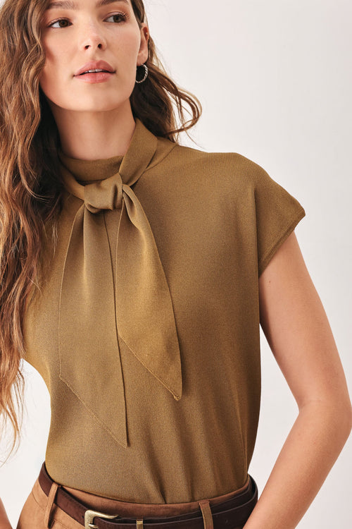 Amberglow Soft Knit Scarf Top in camel - front view