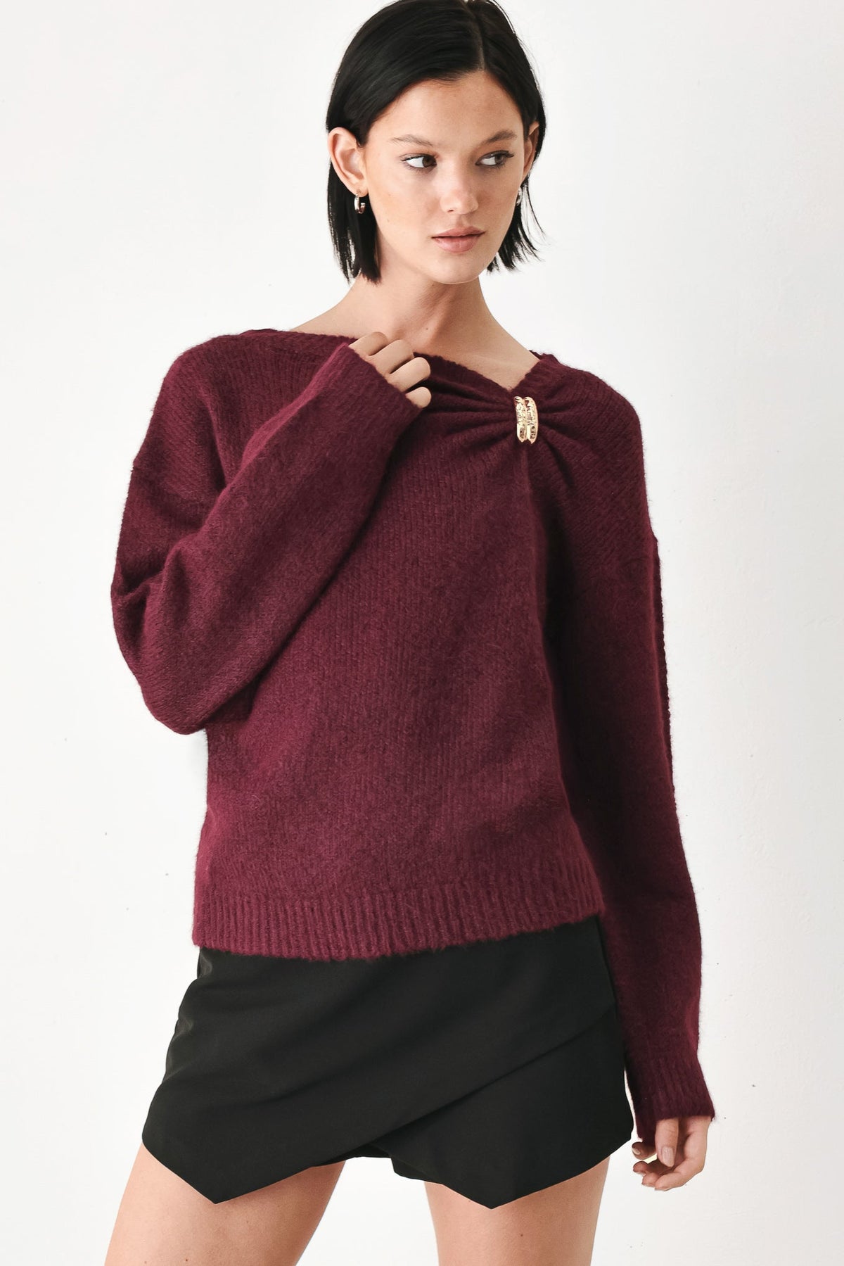 Fireside Charm Cinched Neck Sweater in burgundy - front view