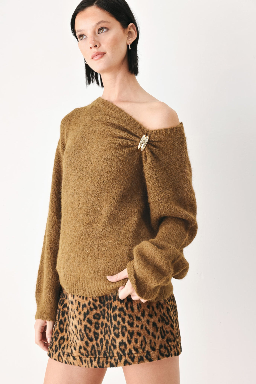 Fireside Charm Cinched Neck Sweater in camel - front view