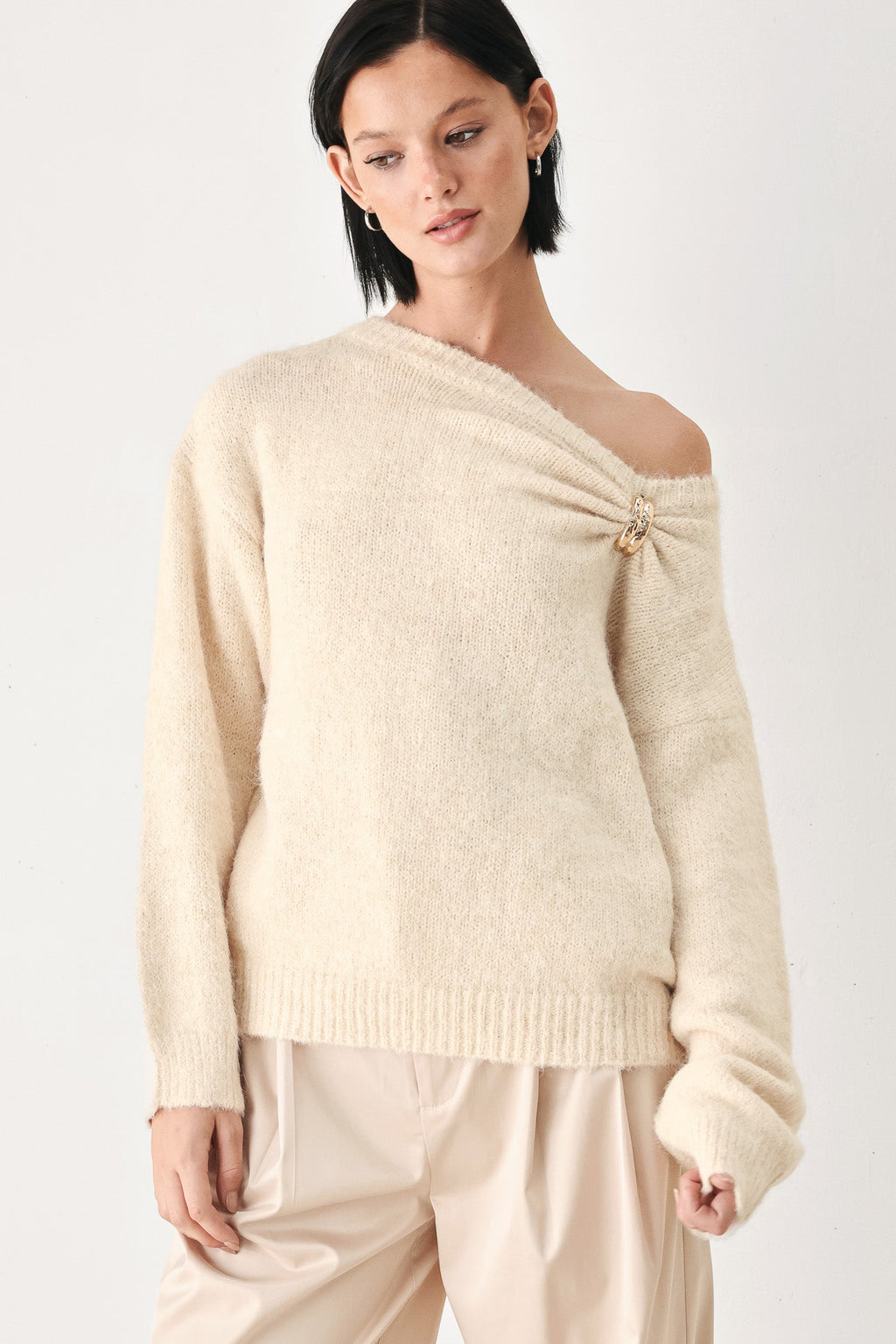 Fireside Charm Cinched Neck Sweater in ivory - front view