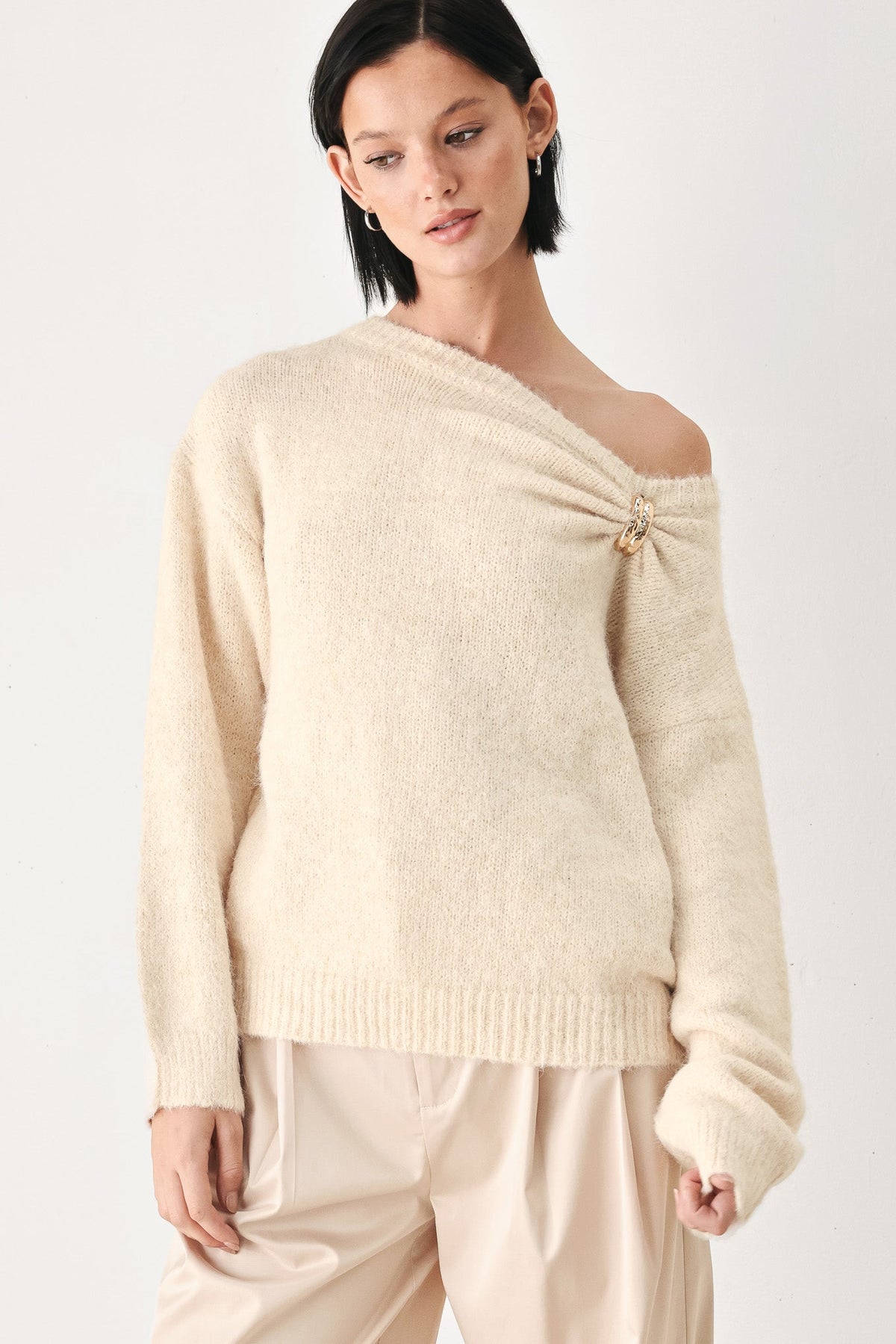 Fireside Charm Cinched Neck Sweater in ivory - front view