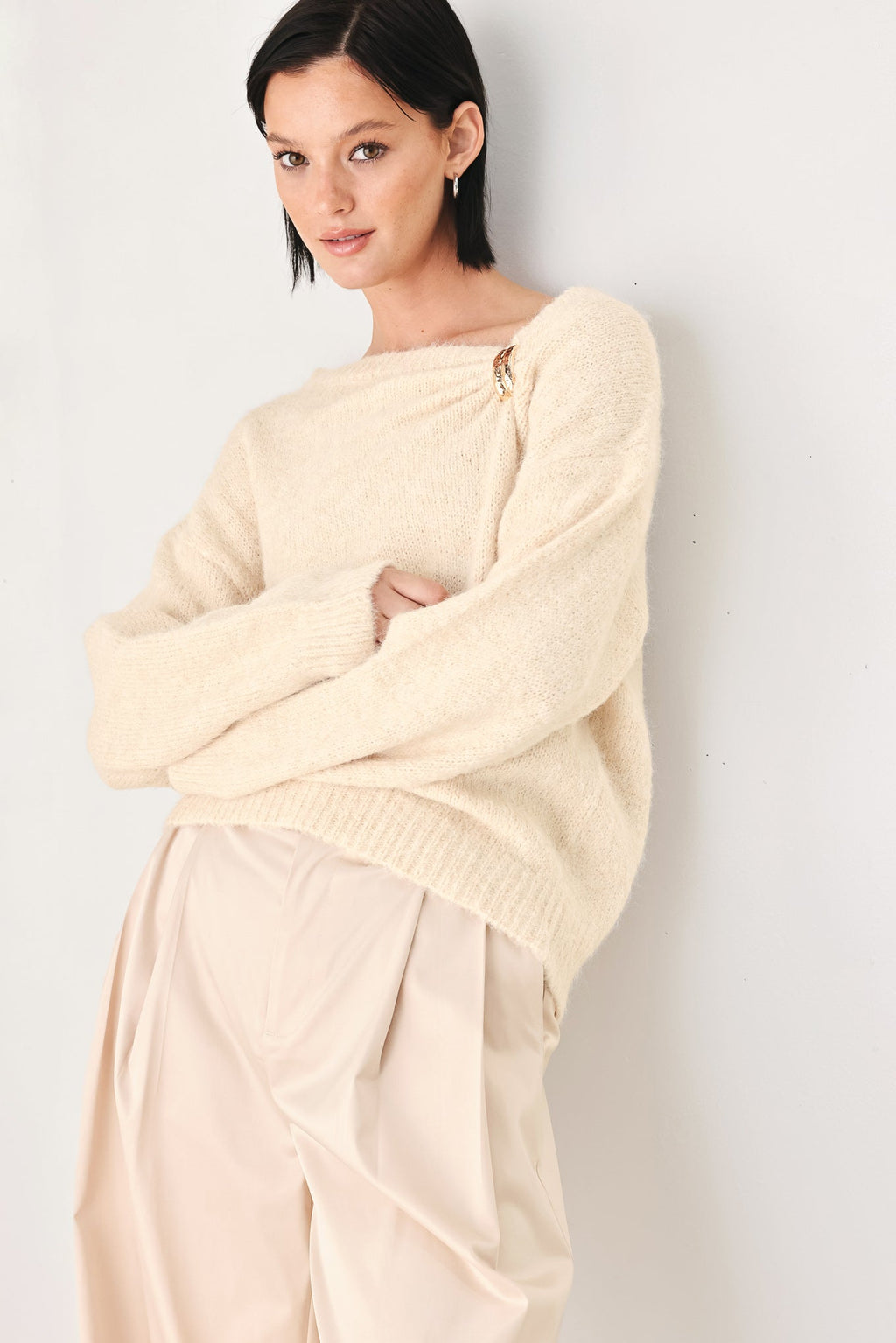 Fireside Charm Cinched Neck Sweater in ivory - detail view