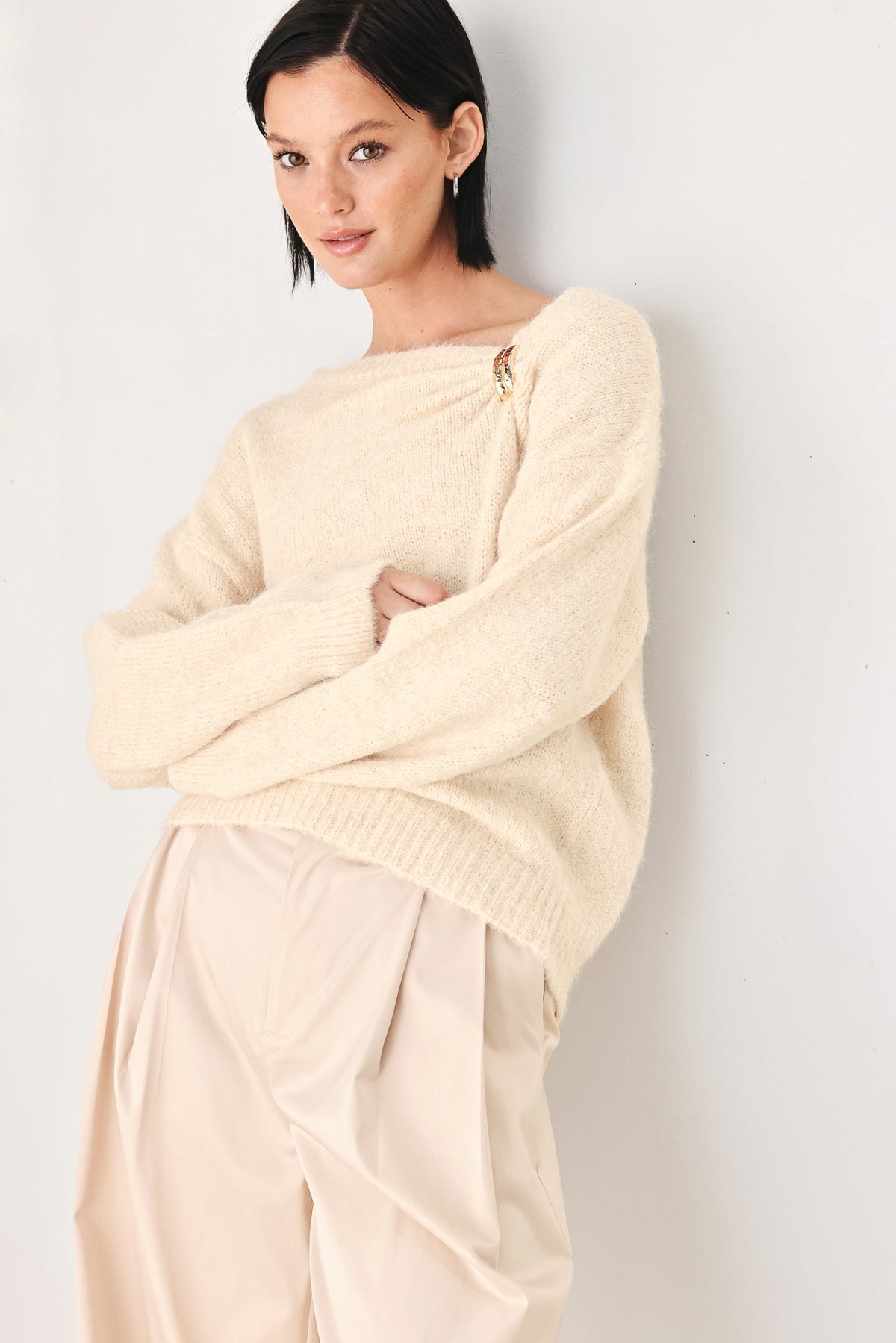 Fireside Charm Cinched Neck Sweater in ivory - detail view