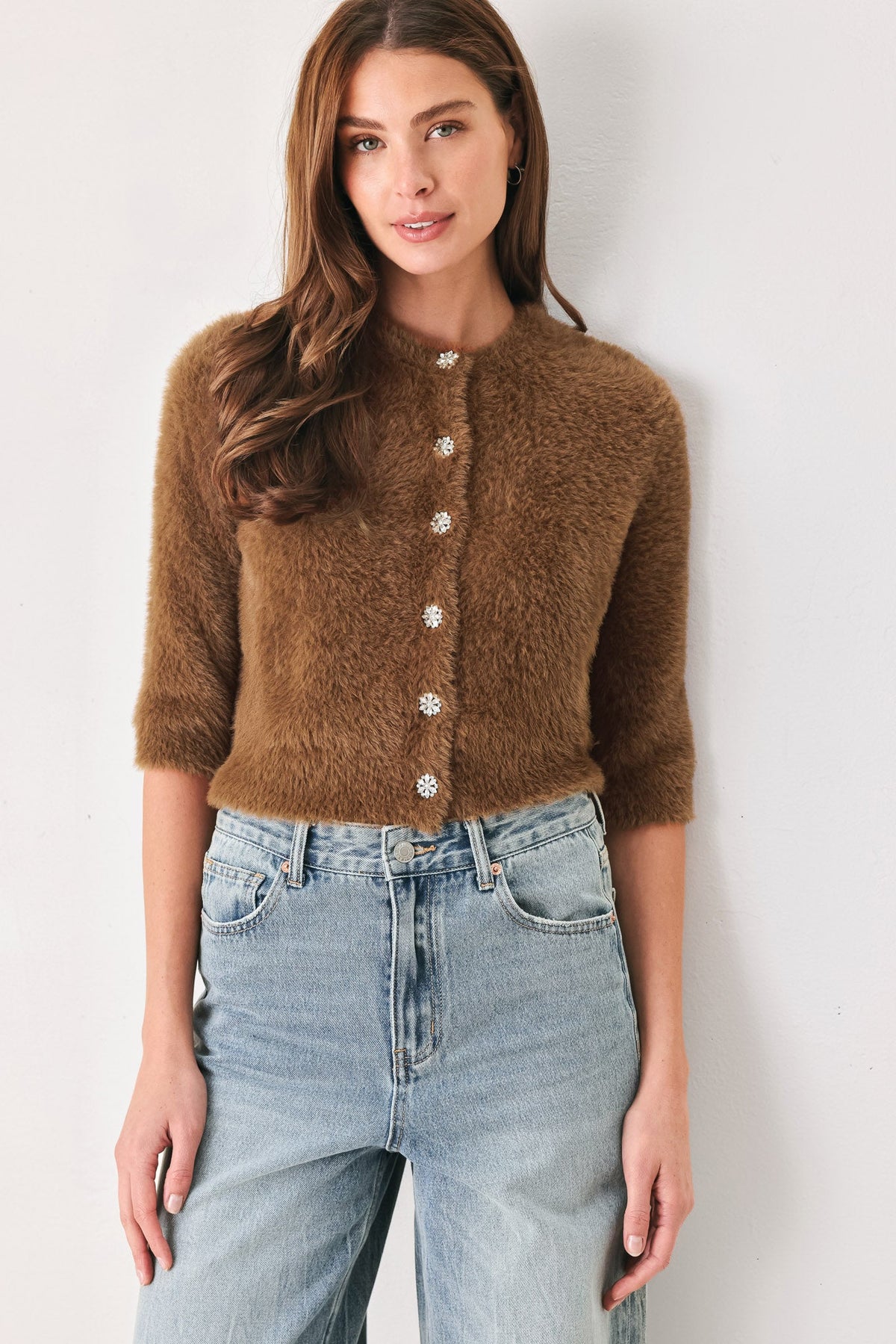 Fuzzy elbow-sleeve cropped cardigan in camel and off white - view 1