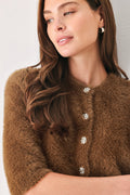 Fuzzy elbow-sleeve cropped cardigan in camel and off white - view 5
