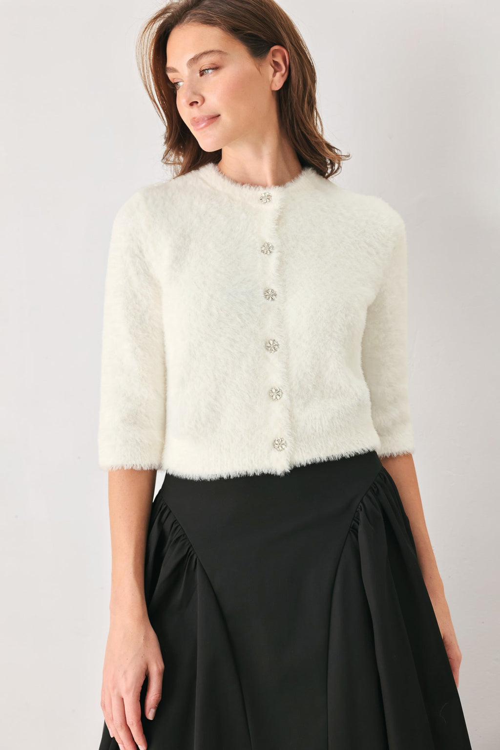 Fuzzy elbow-sleeve cropped cardigan in camel and off white - view 2