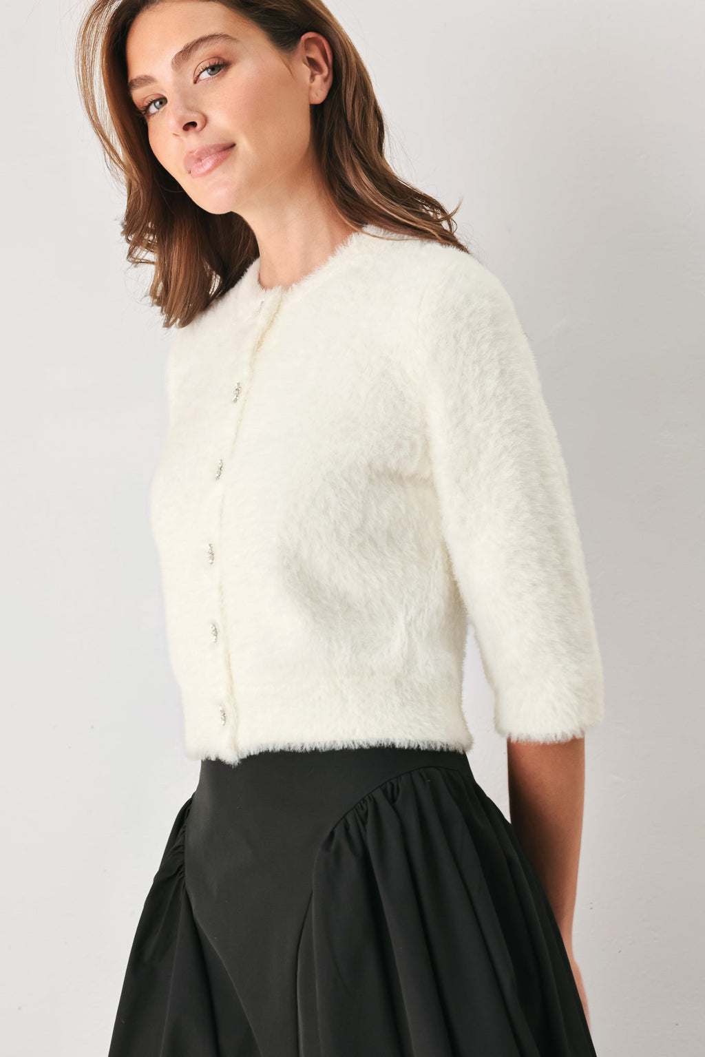 Fuzzy elbow-sleeve cropped cardigan in camel and off white - view 11