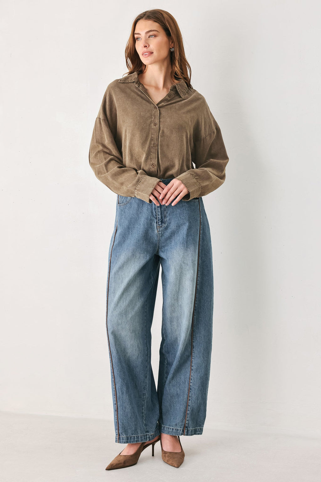 Brown button-down collared bodysuit - view 3