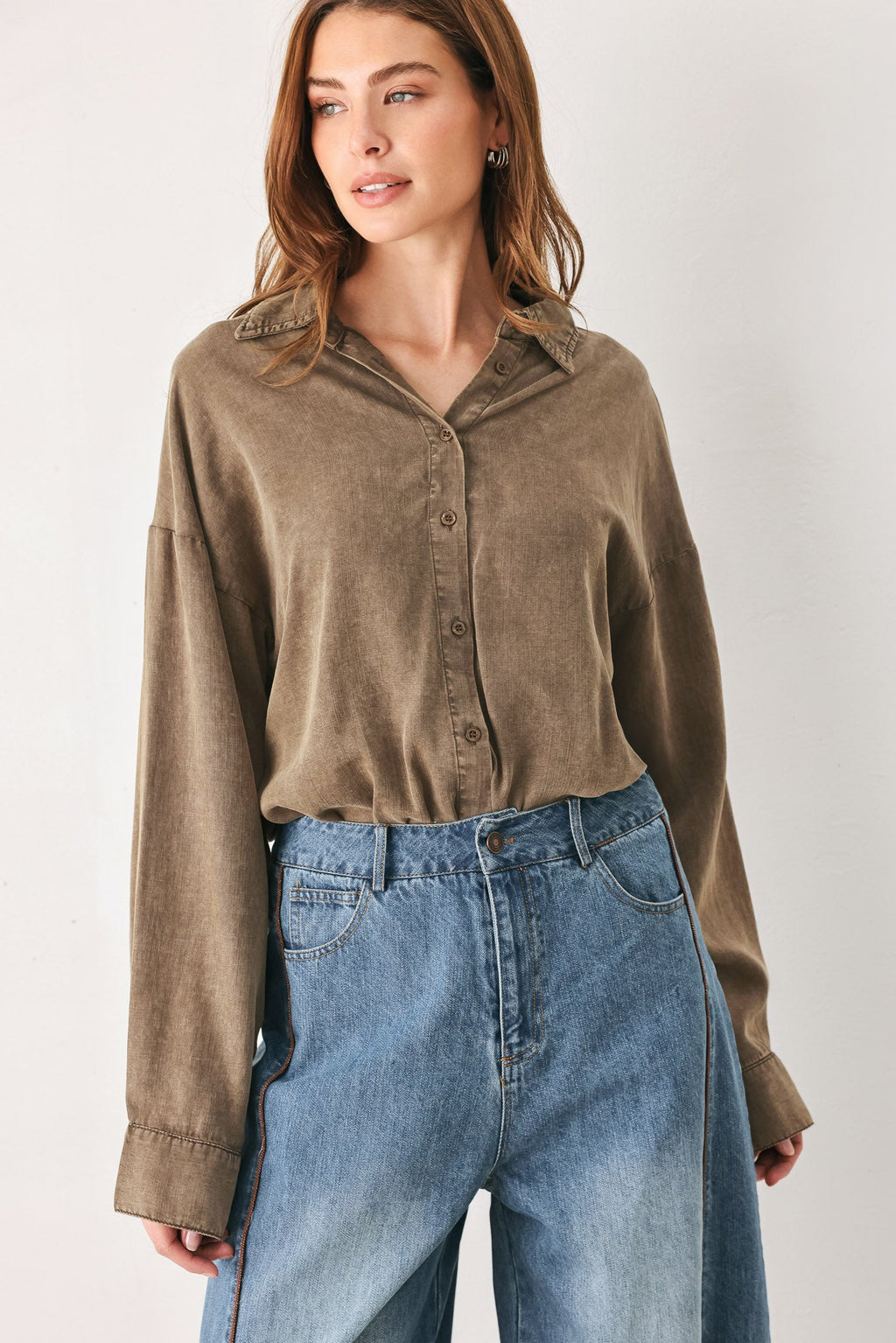 Brown button-down collared bodysuit - view 1