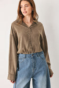 Brown button-down collared bodysuit - view 1